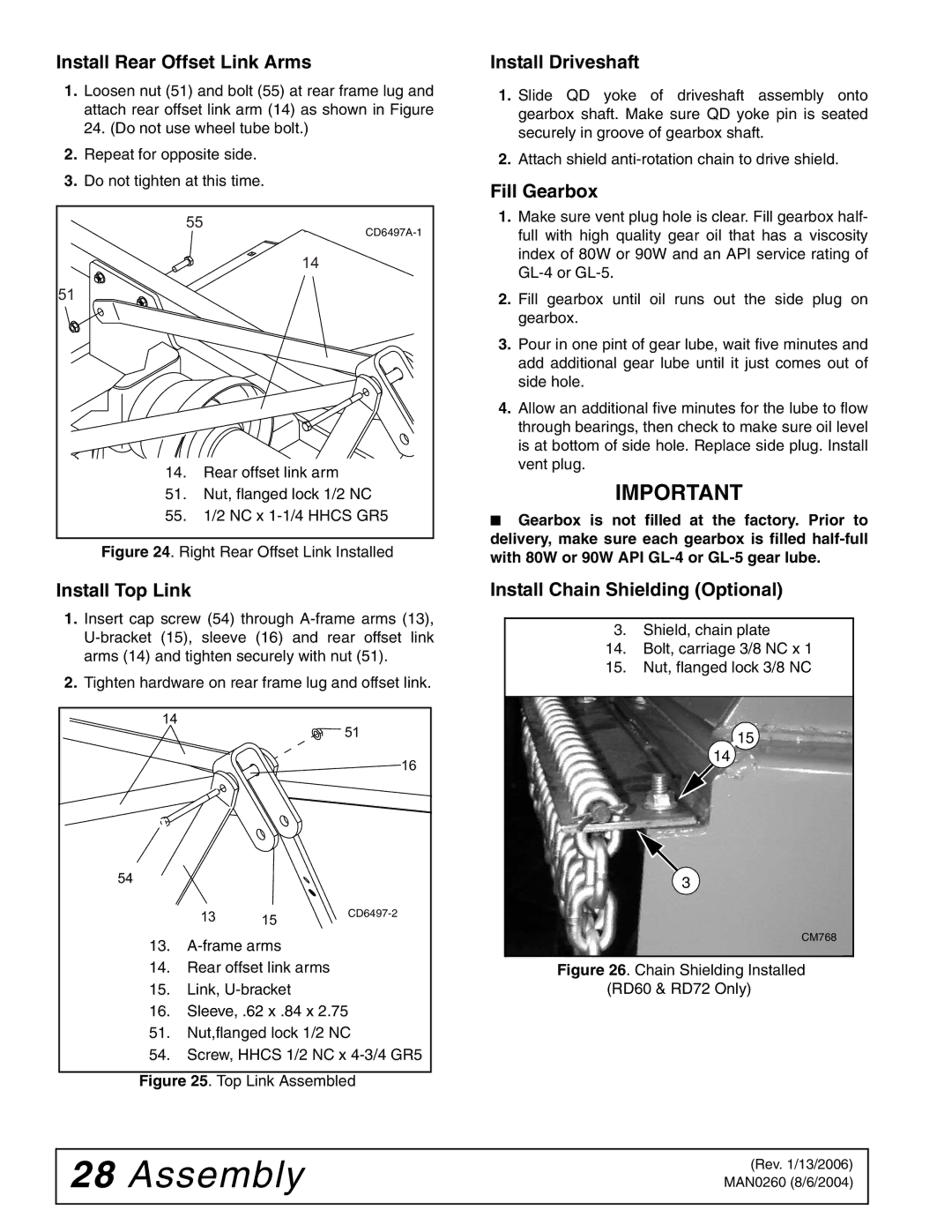 Woods Equipment RDC54, RD60, RD72 manual Install Rear Offset Link Arms, Install Top Link, Install Driveshaft, Fill Gearbox 