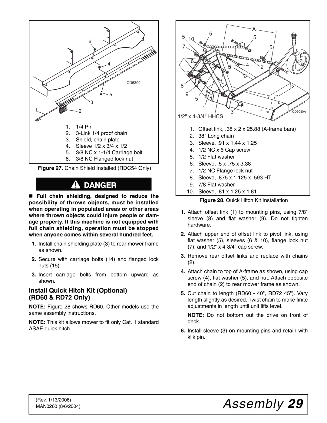 Woods Equipment RDC54, RD60, RD72 manual Install Quick Hitch Kit Optional RD60 & RD72 Only, X 4-3/4 Hhcs 