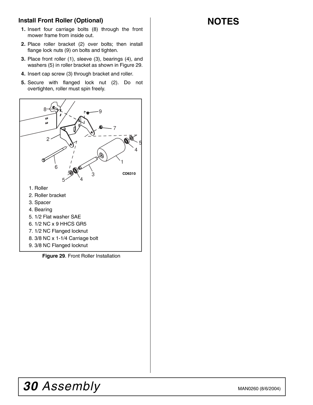 Woods Equipment RDC54, RD60, RD72 manual Install Front Roller Optional, Front Roller Installation 