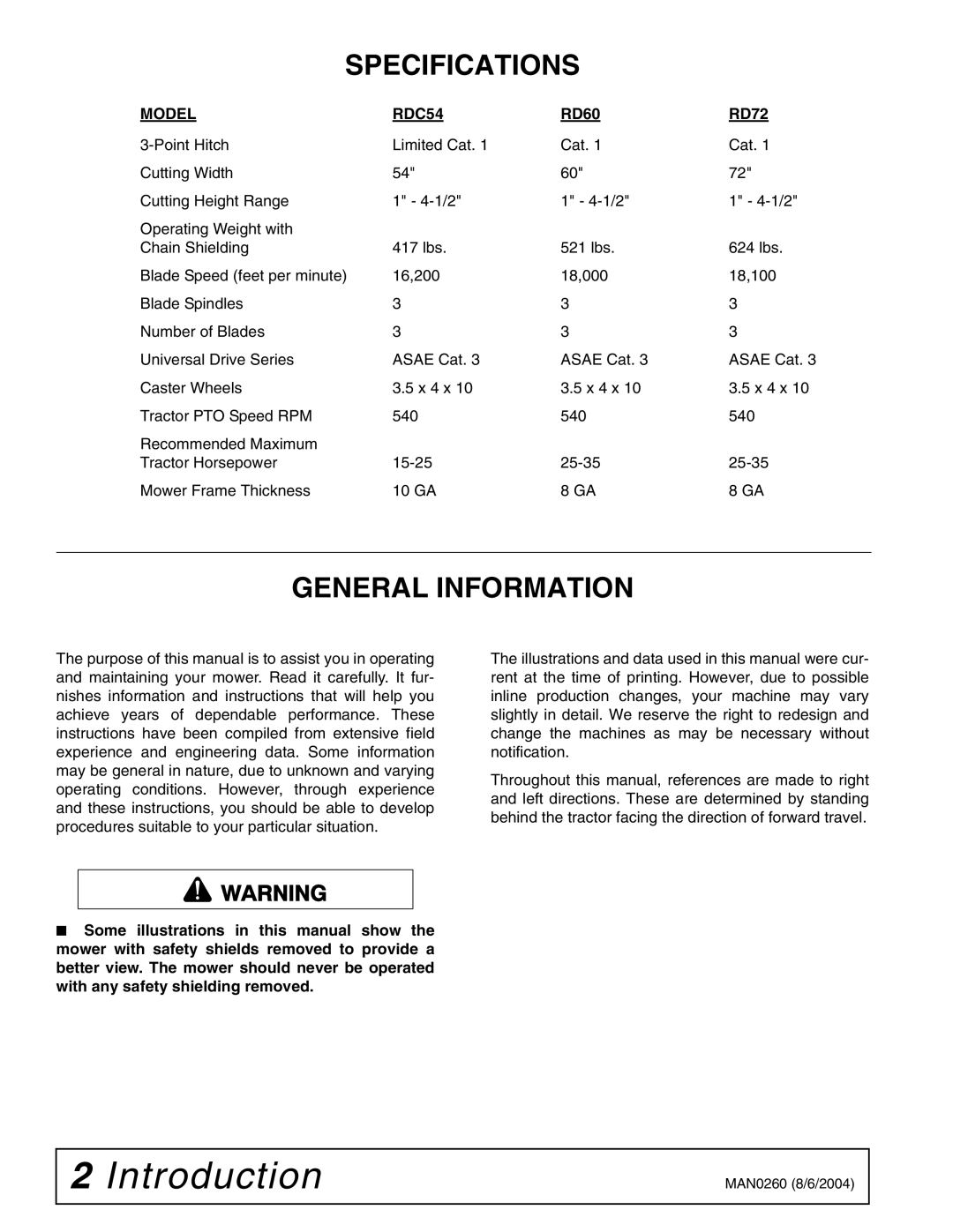 Woods Equipment RDC54, RD60, RD72 manual Specifications, General Information, RD60 RD72 