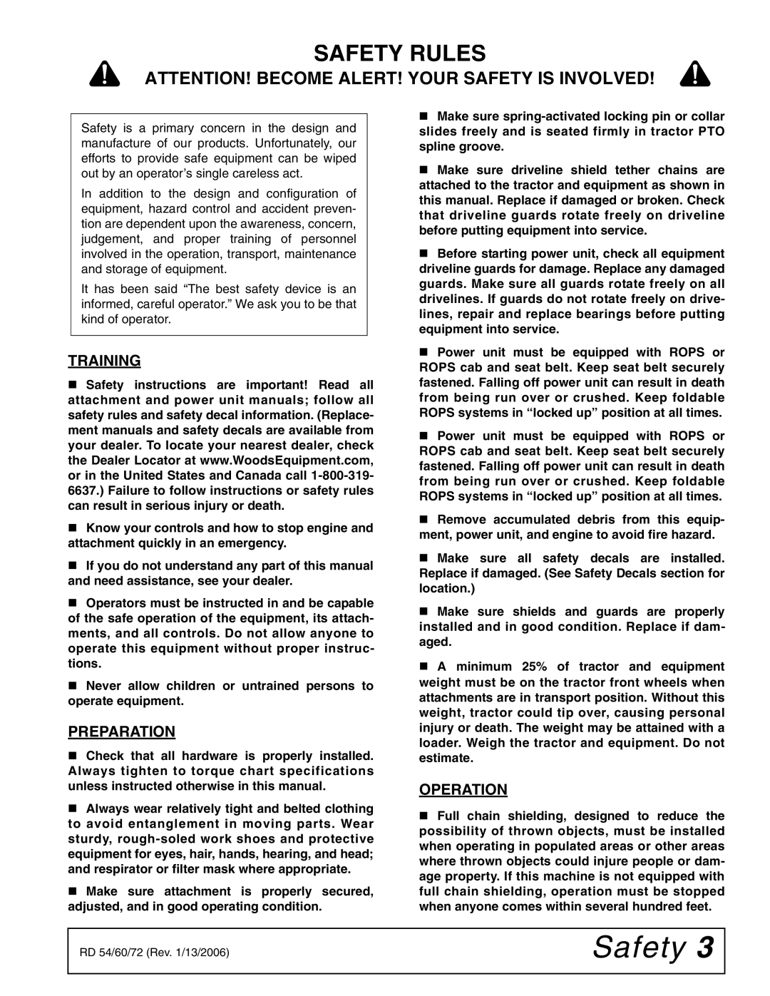 Woods Equipment RDC54, RD60, RD72 manual Safety Rules, Training, Preparation, Operation 