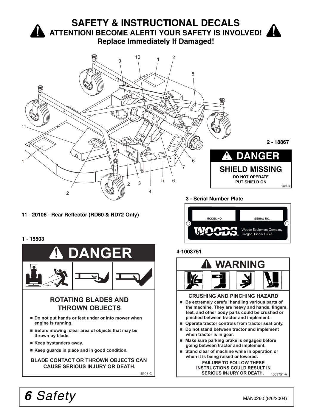 Woods Equipment RDC54, RD60, RD72 manual Safety & Instructional Decals, 1003751 