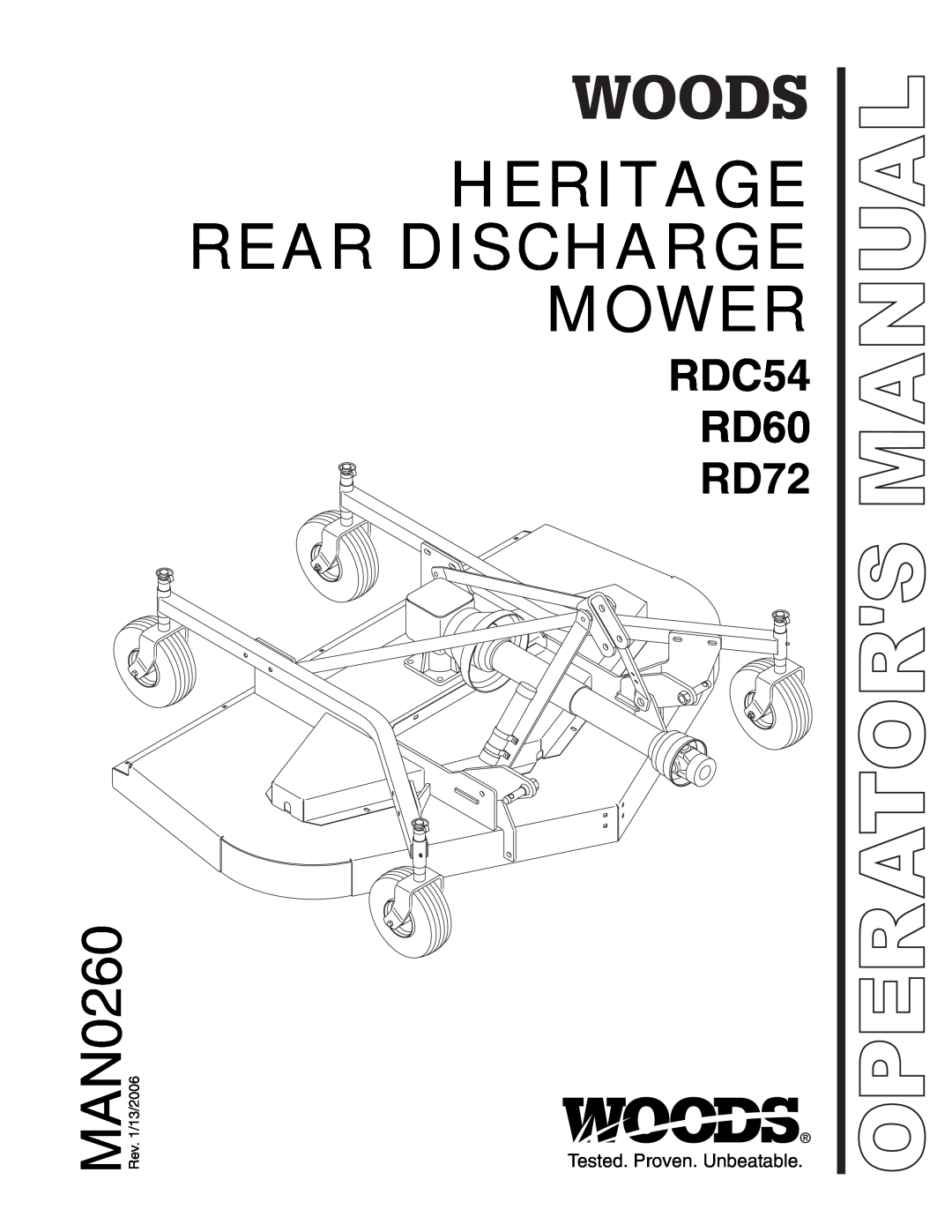 Woods Equipment RDC54, RD60, RD72 manual Heritage Rear Discharge Mower, RDC54 RD60 RD72, MAN0260, Operators Manual 