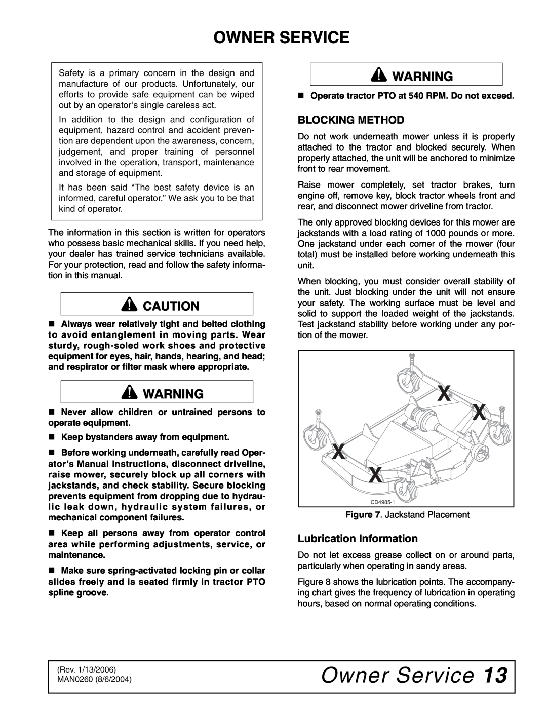 Woods Equipment RDC54, RD60, RD72 manual Owner Service, Blocking Method, Lubrication Information 