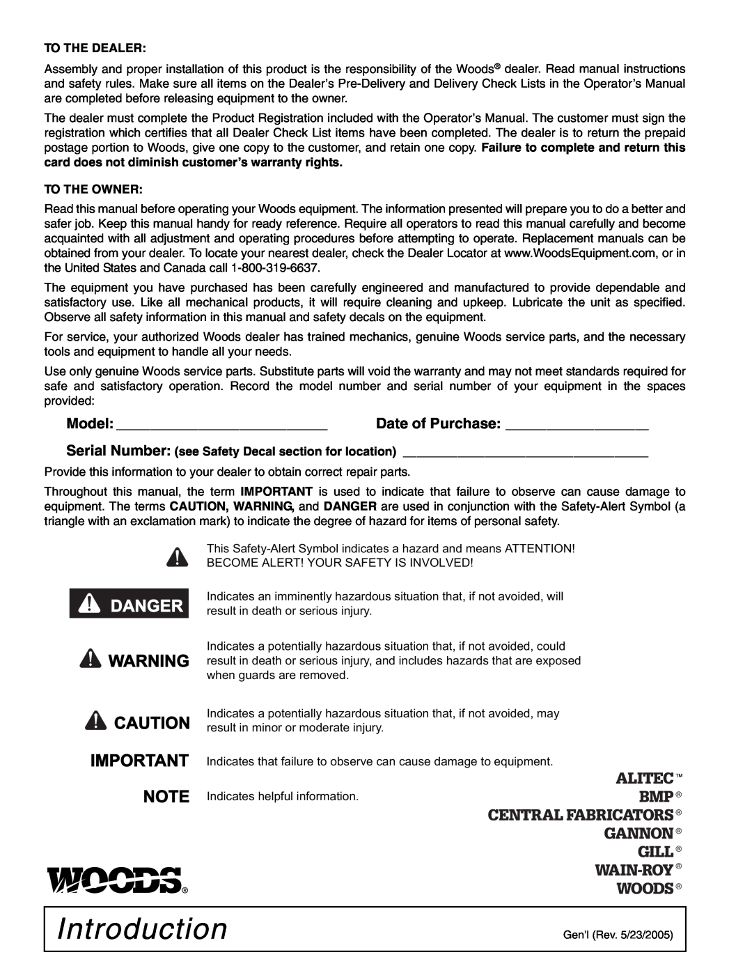 Woods Equipment RDC54, RD60, RD72 manual Introduction, Danger, Important Note 