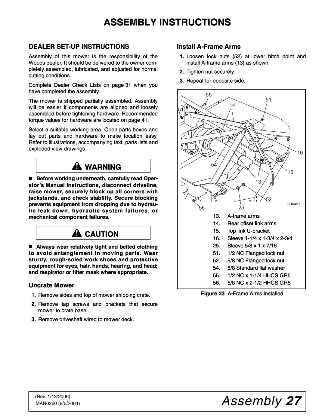 Woods Equipment RDC54, RD60, RD72 manual Assembly Instructions, Dealer Set-Up Instructions, Uncrate Mower 