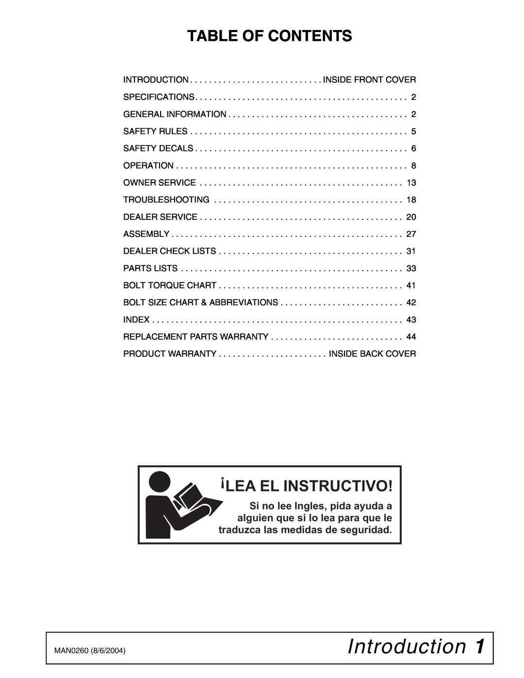 Woods Equipment RDC54, RD60, RD72 manual Table Of Contents, Introduction, Lea El Instructivo 
