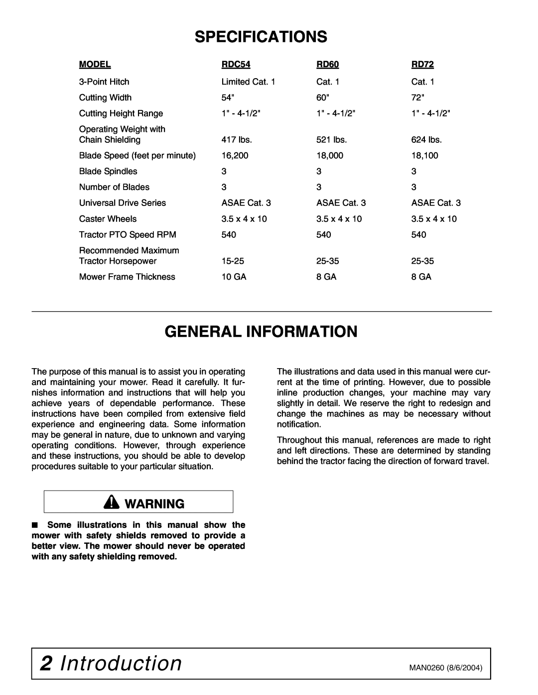 Woods Equipment RDC54, RD60, RD72 manual Introduction, Specifications, General Information 