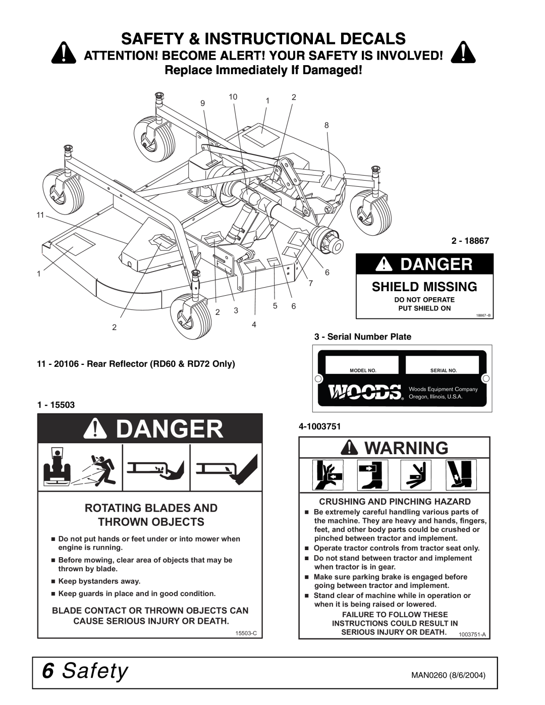 Woods Equipment RDC54, RD60, RD72 manual Safety & Instructional Decals, Replace Immediately If Damaged, Shield Missing 