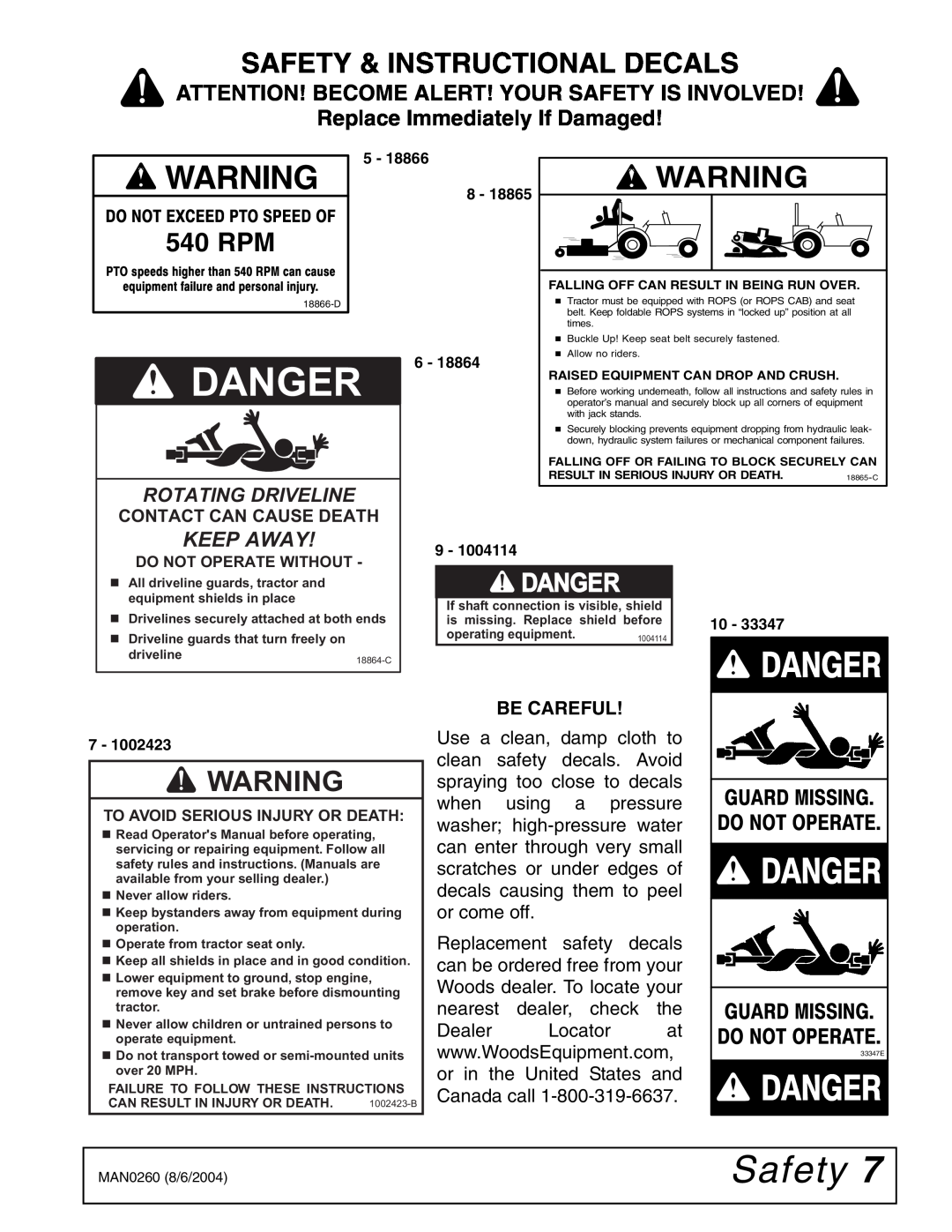 Woods Equipment RDC54, RD60, RD72 manual Be Careful, Danger, Safety & Instructional Decals, 33347E, Rotating Driveline 