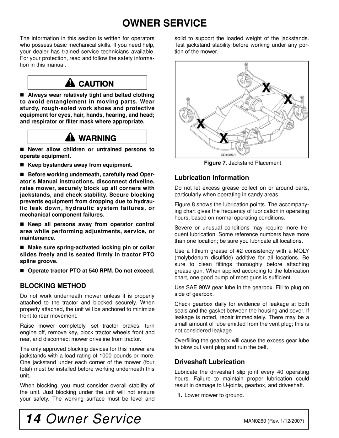 Woods Equipment RD60, RDC54, RD72 manual Owner Service, Blocking Method, Lubrication Information, Driveshaft Lubrication 