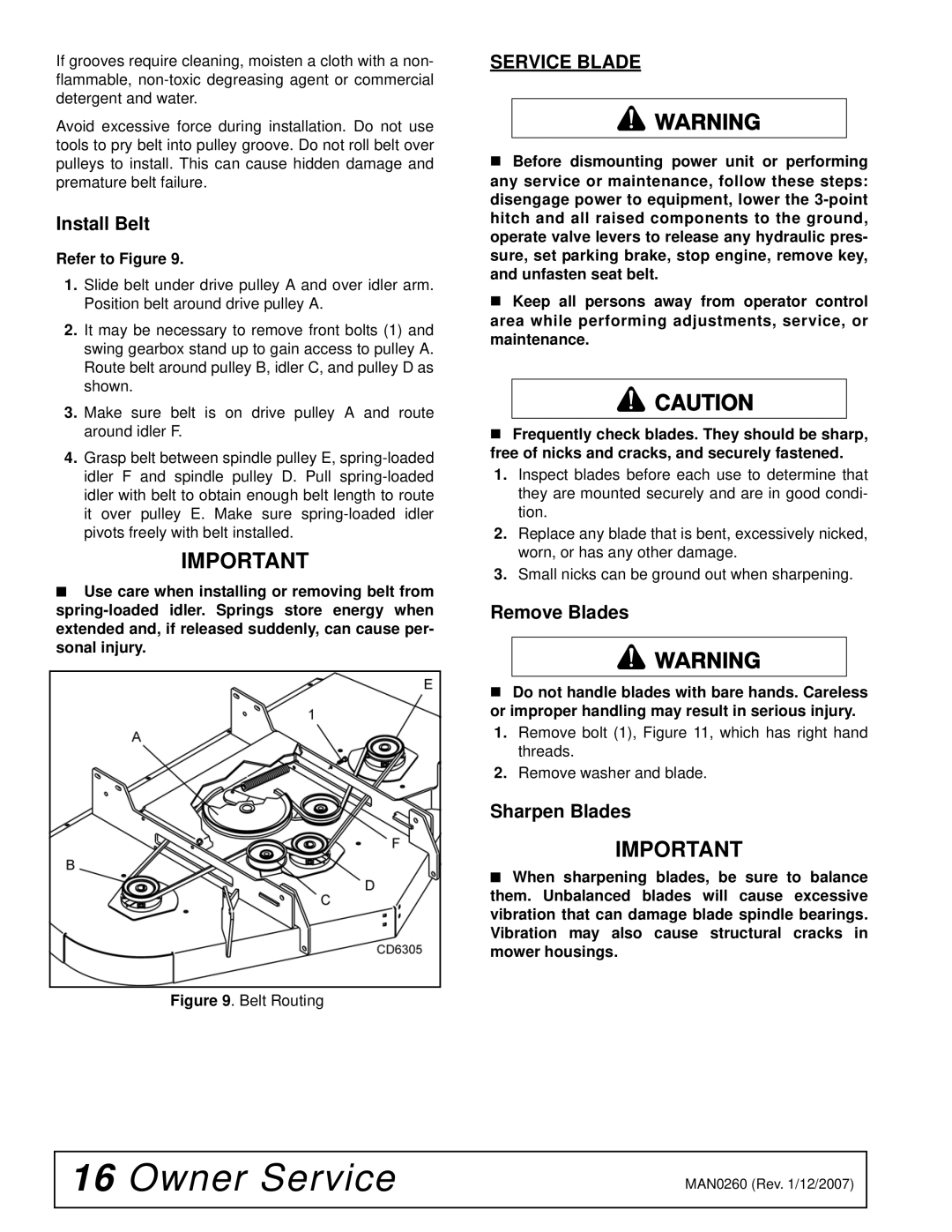 Woods Equipment RD72, RDC54, RD60 manual Install Belt, Sharpen Blades, Refer to Figure 