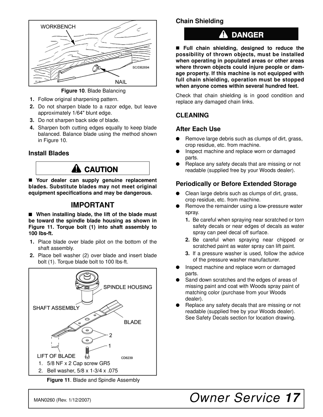 Woods Equipment RD60 Install Blades, Chain Shielding, Cleaning, After Each Use, Periodically or Before Extended Storage 