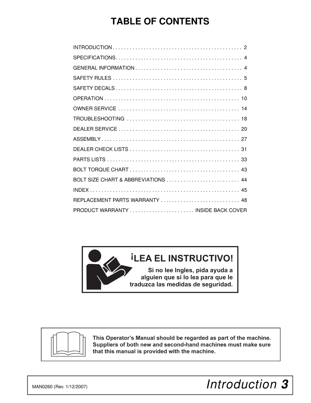 Woods Equipment RDC54, RD72, RD60 manual Table of Contents, LEA EL Instructivo 