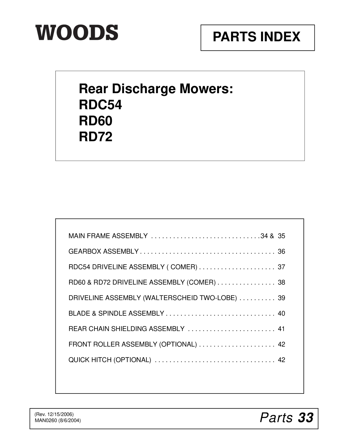 Woods Equipment RDC54, RD72, RD60 manual Parts 