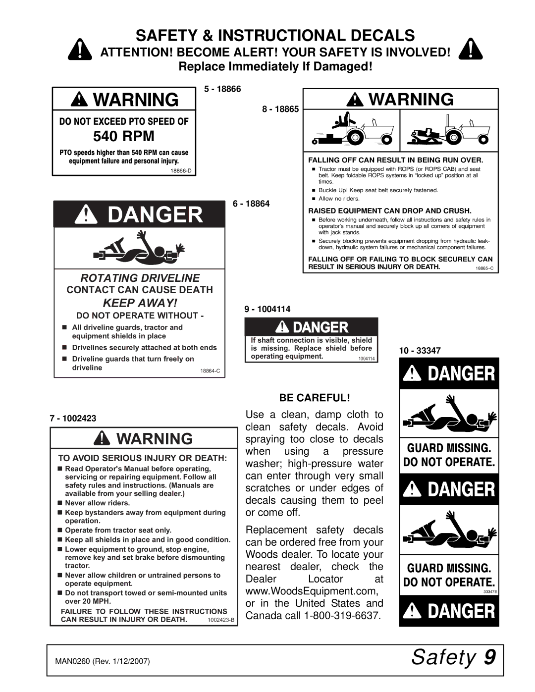 Woods Equipment RDC54, RD72, RD60 manual Replace Immediately If Damaged, Be Careful 