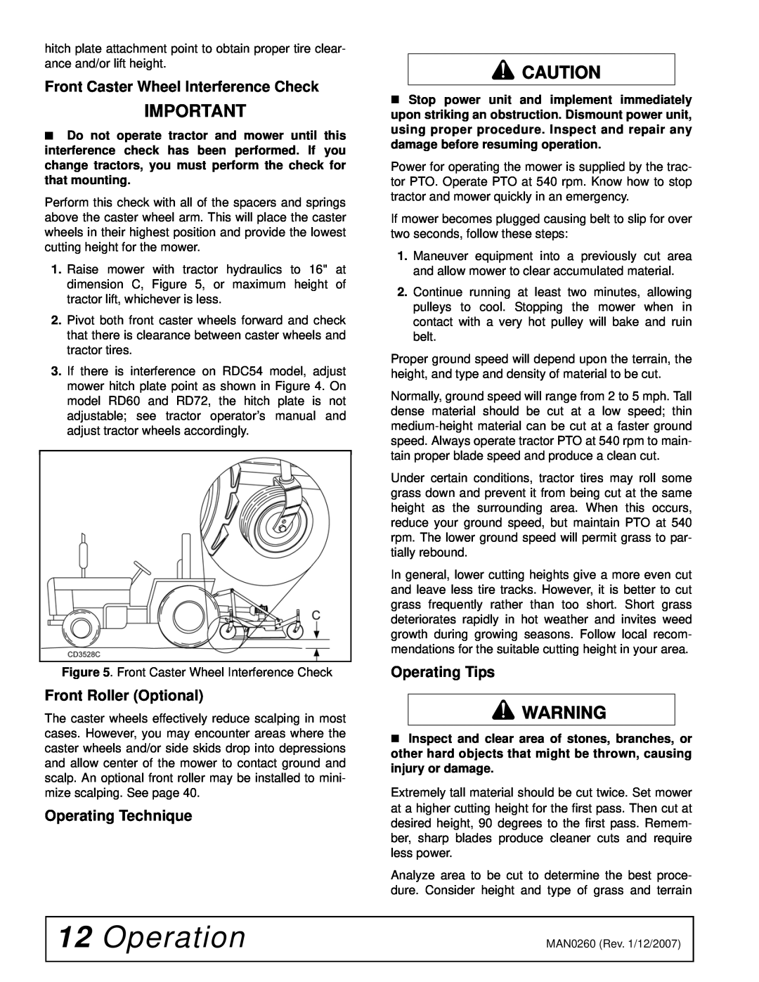 Woods Equipment RDC54, RD72 Operation, Front Caster Wheel Interference Check, Front Roller Optional, Operating Technique 
