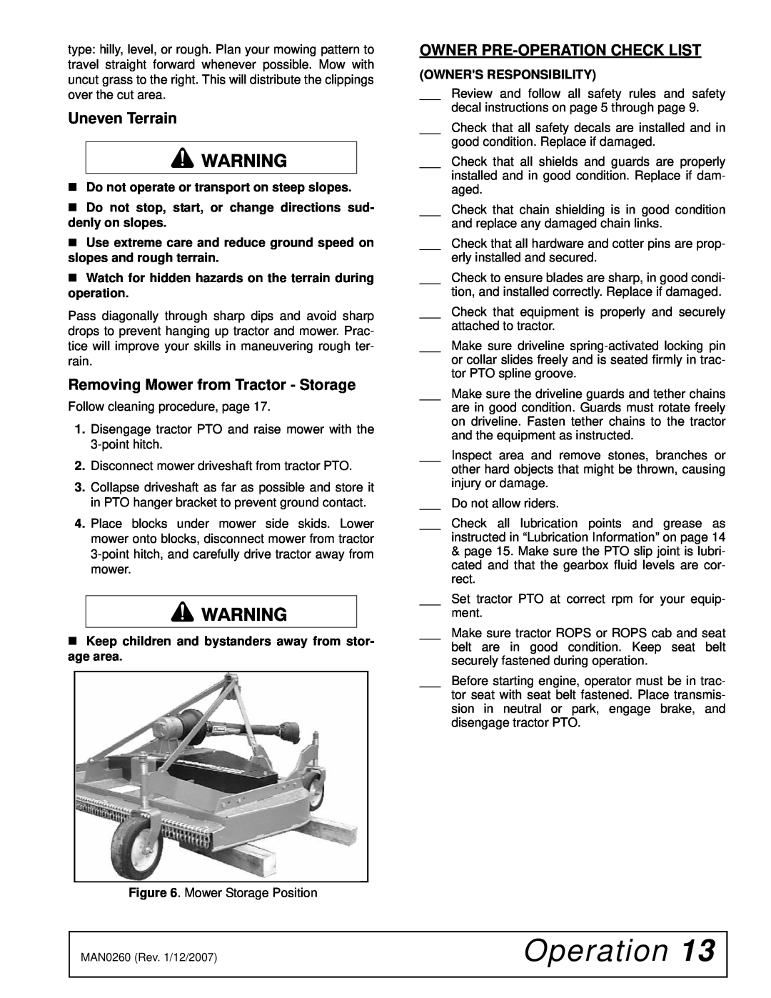 Woods Equipment RD72, RDC54, RD60 manual Removing Mower from Tractor - Storage, Owner Pre-Operationcheck List 