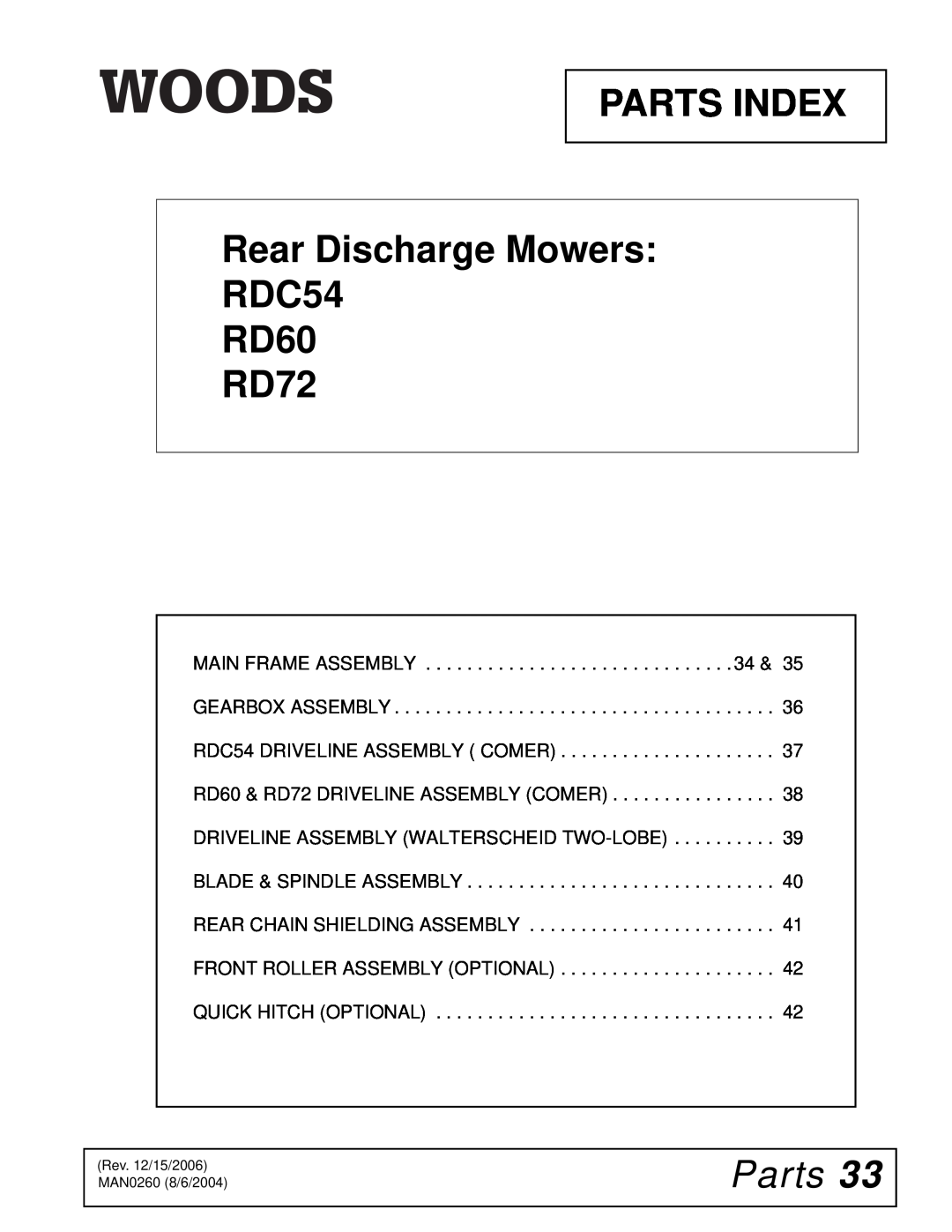 Woods Equipment manual PARTS INDEX Rear Discharge Mowers RDC54 RD60 RD72, Parts 