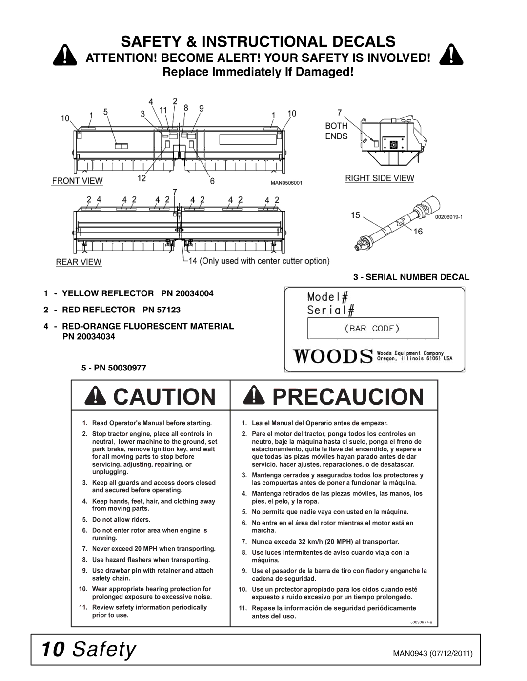 Woods Equipment S30CD manual Safety & Instructional Decals, Replace Immediately If Damaged 