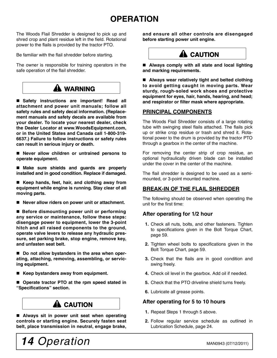 Woods Equipment S30CD manual Operation, Principal Components, BREAK-IN of the Flail Shredder 