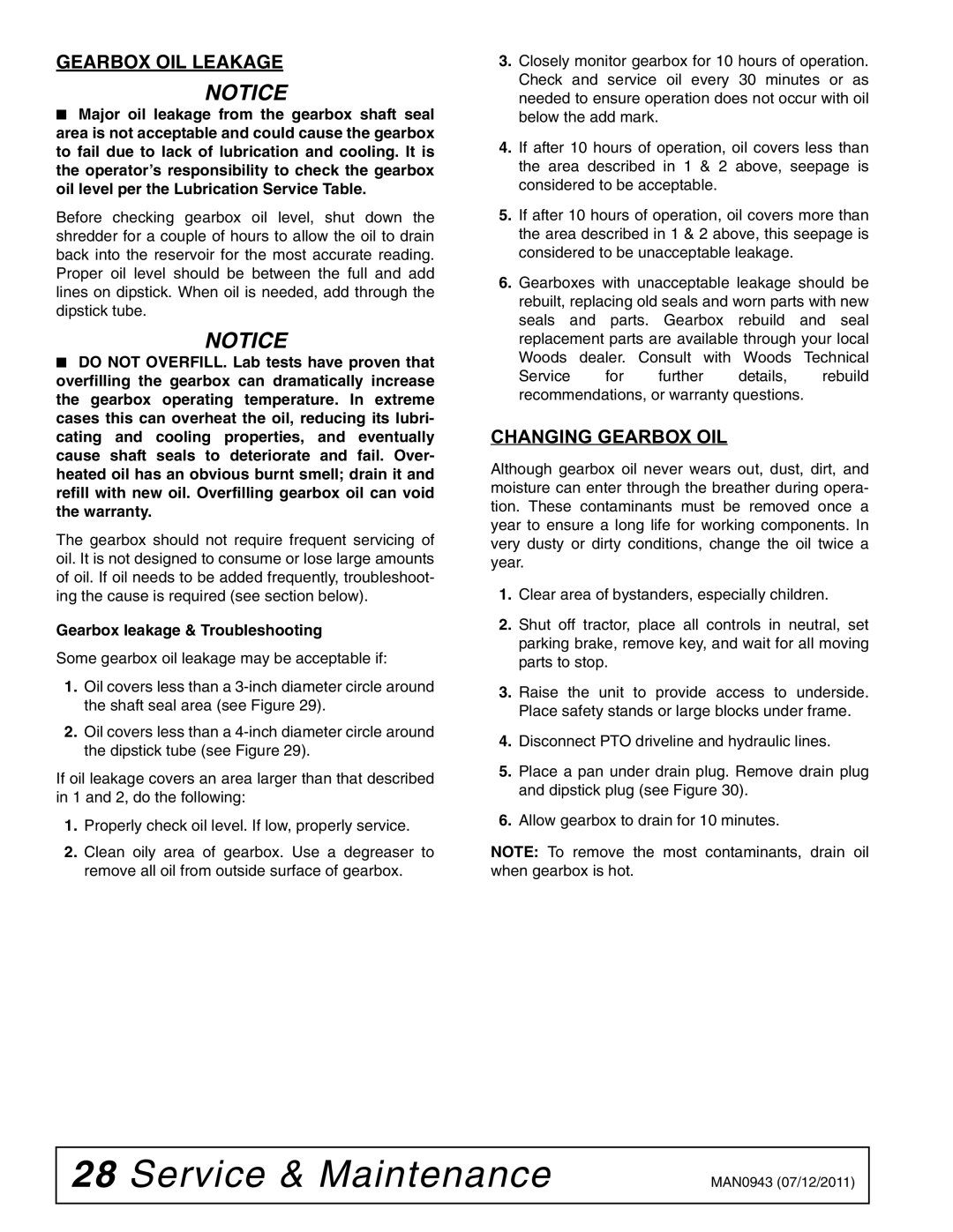 Woods Equipment S30CD manual Gearbox OIL Leakage, Gearbox leakage & Troubleshooting 