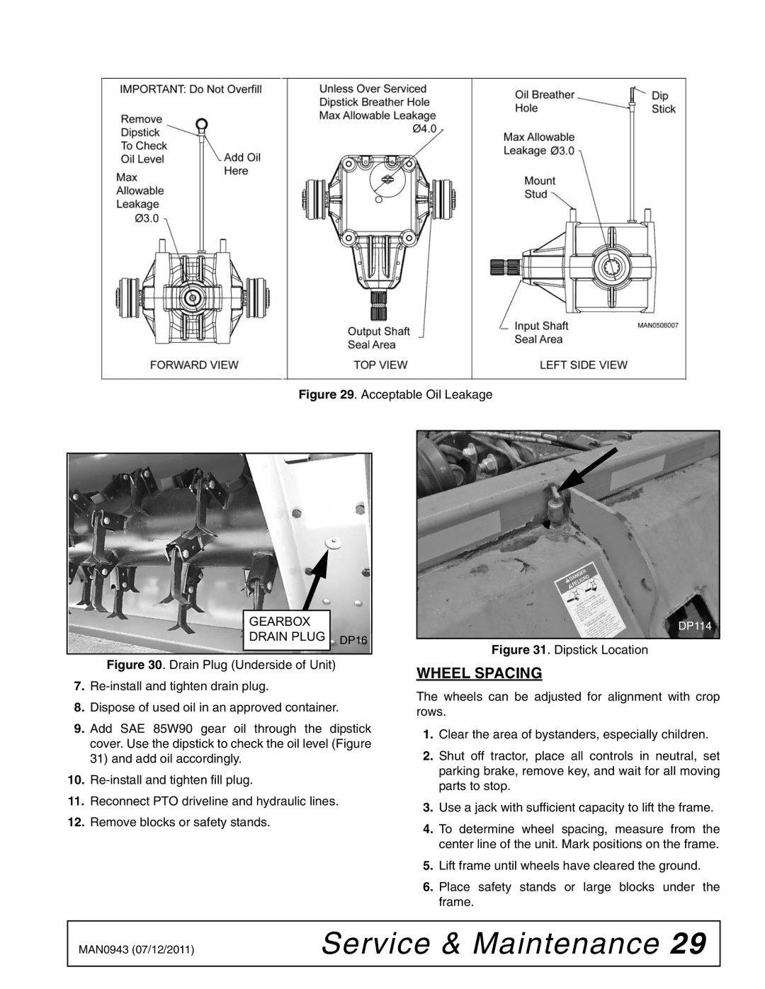 Woods Equipment S30CD manual Wheel Spacing, Acceptable Oil Leakage 