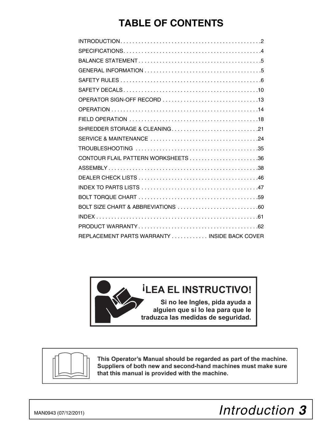 Woods Equipment S30CD manual Table of Contents, LEA EL Instructivo 