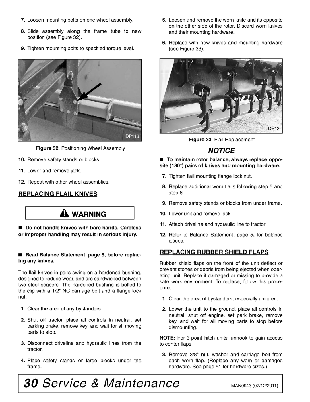 Woods Equipment S30CD manual Replacing Flail Knives, Replacing Rubber Shield Flaps 