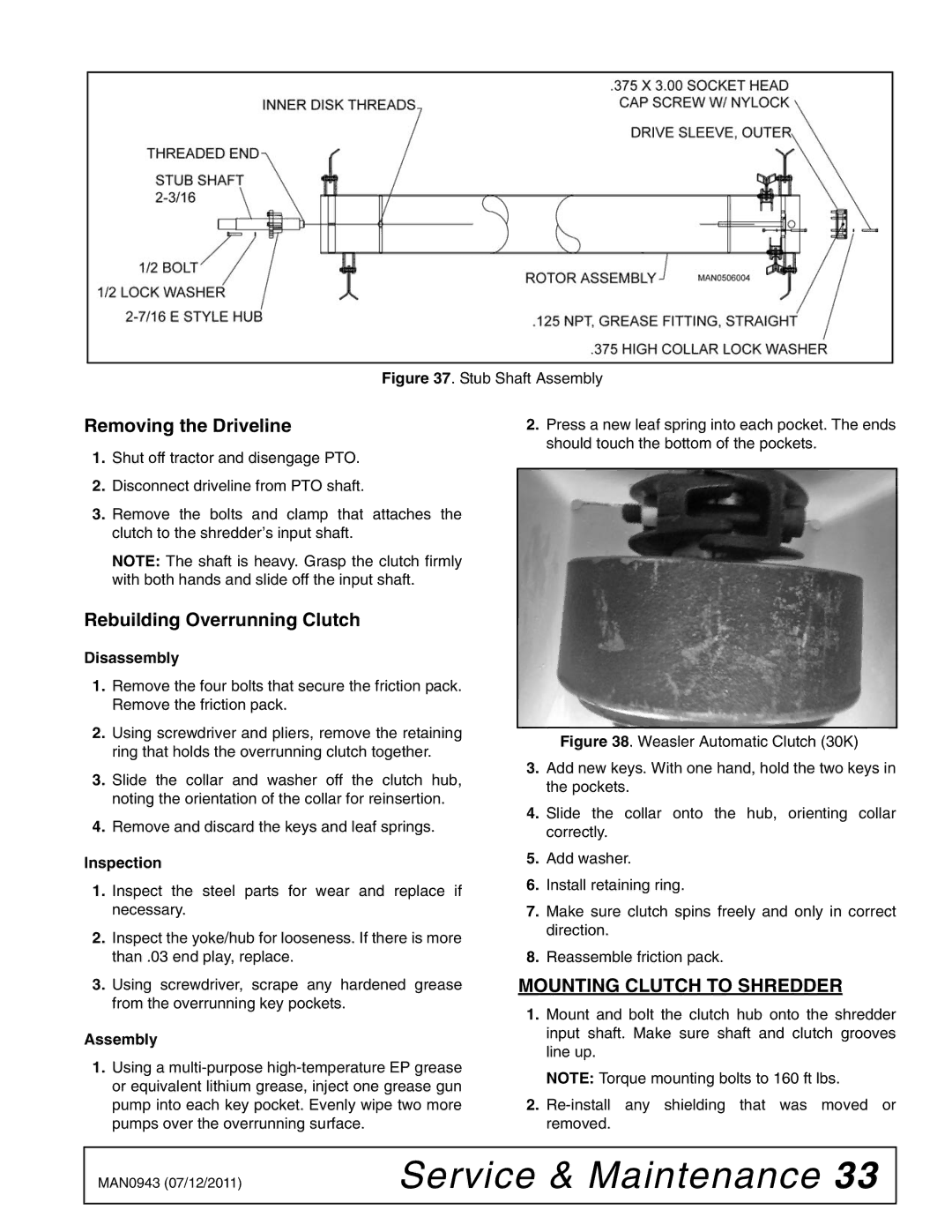 Woods Equipment S30CD manual Removing the Driveline, Rebuilding Overrunning Clutch, Mounting Clutch to Shredder 