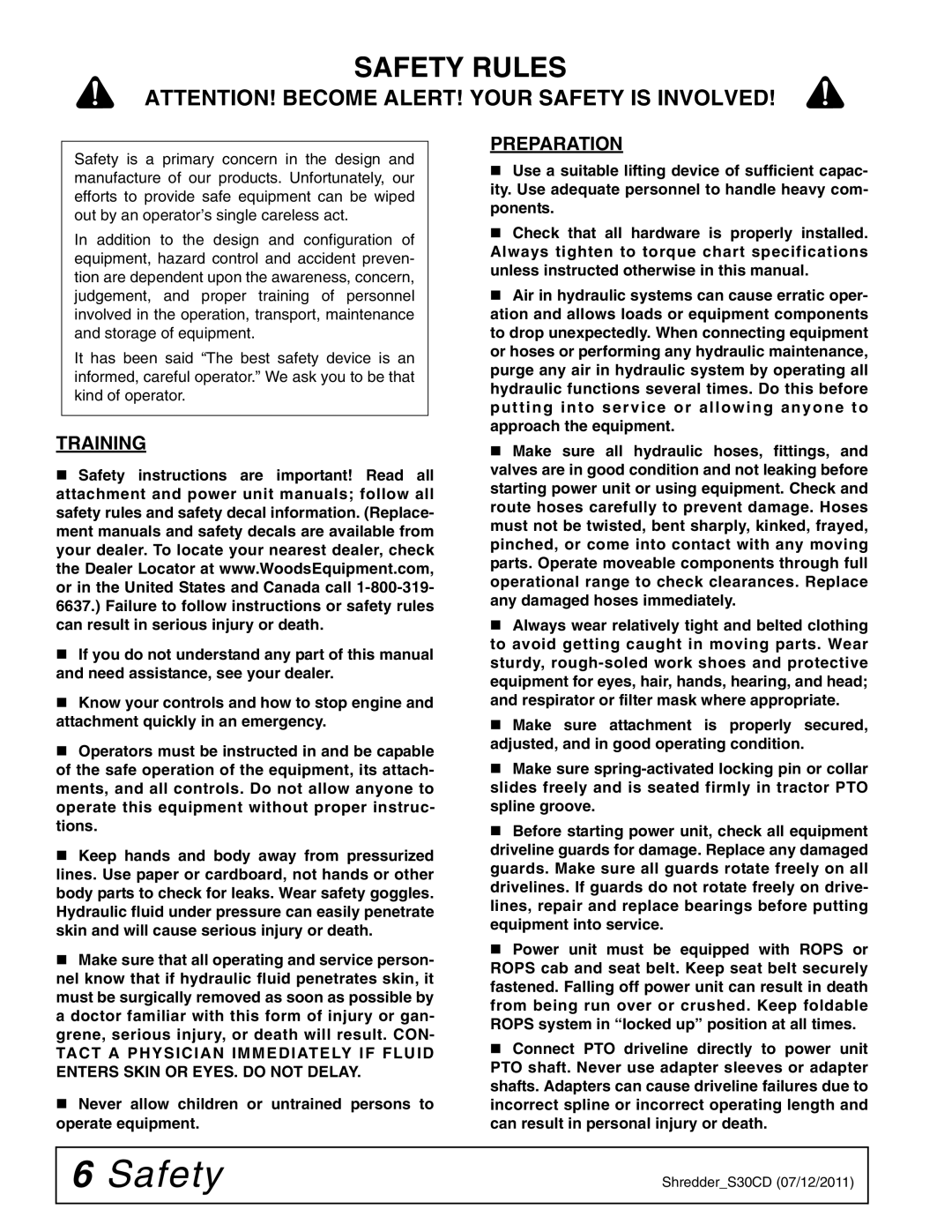 Woods Equipment S30CD manual Safety Rules, Preparation, Training 