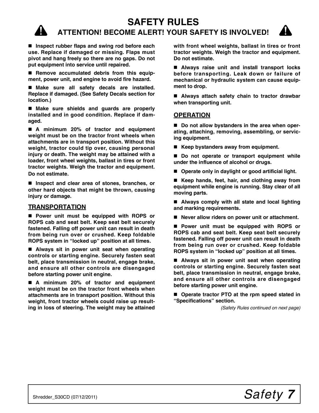 Woods Equipment S30CD manual Transportation, Operation 