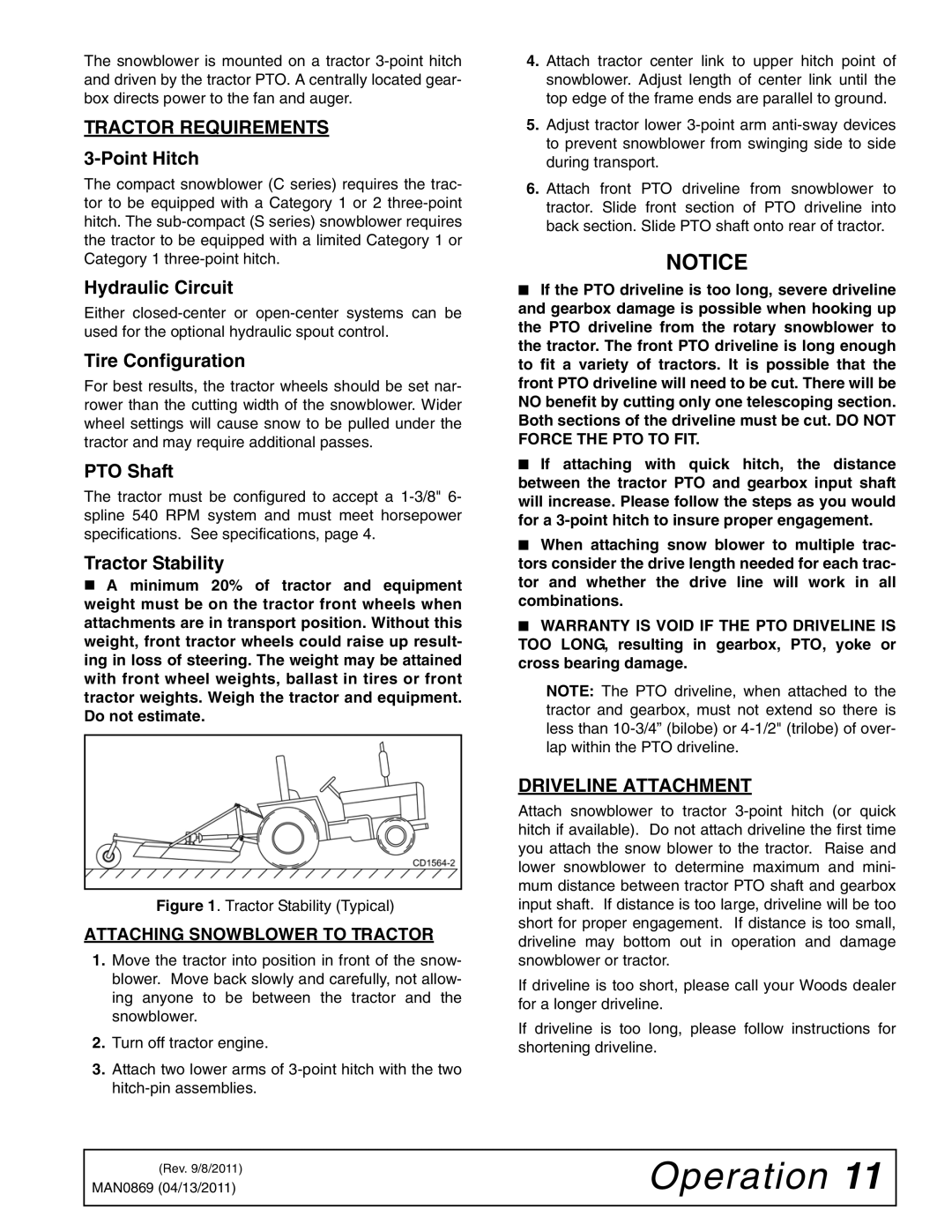 Woods Equipment SB64S, SB84S, SB54S, SB74S manual Tractor Requirements, Driveline Attachment 