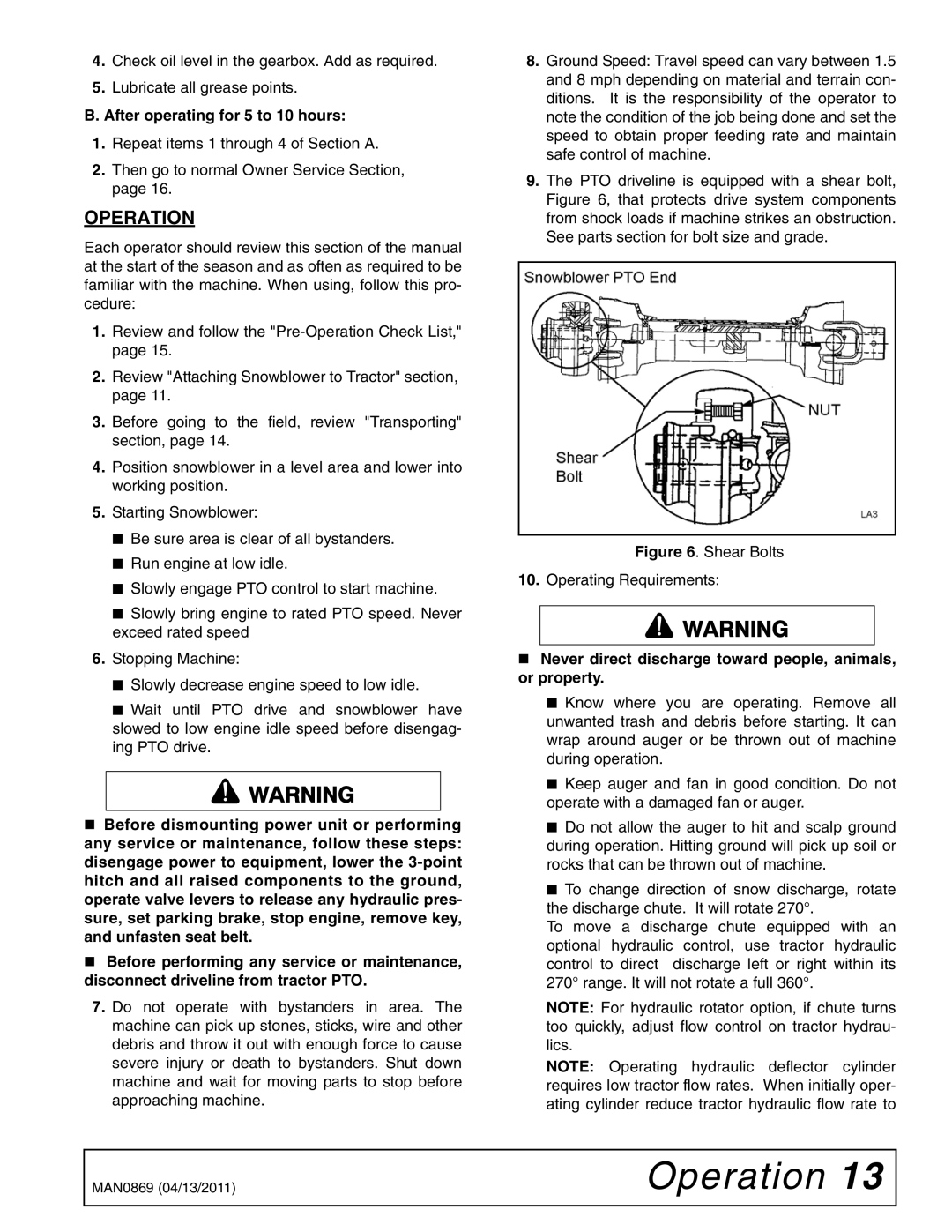 Woods Equipment SB54S, SB84S, SB74S, SB64S manual After operating for 5 to 10 hours, Shear Bolts Operating Requirements 