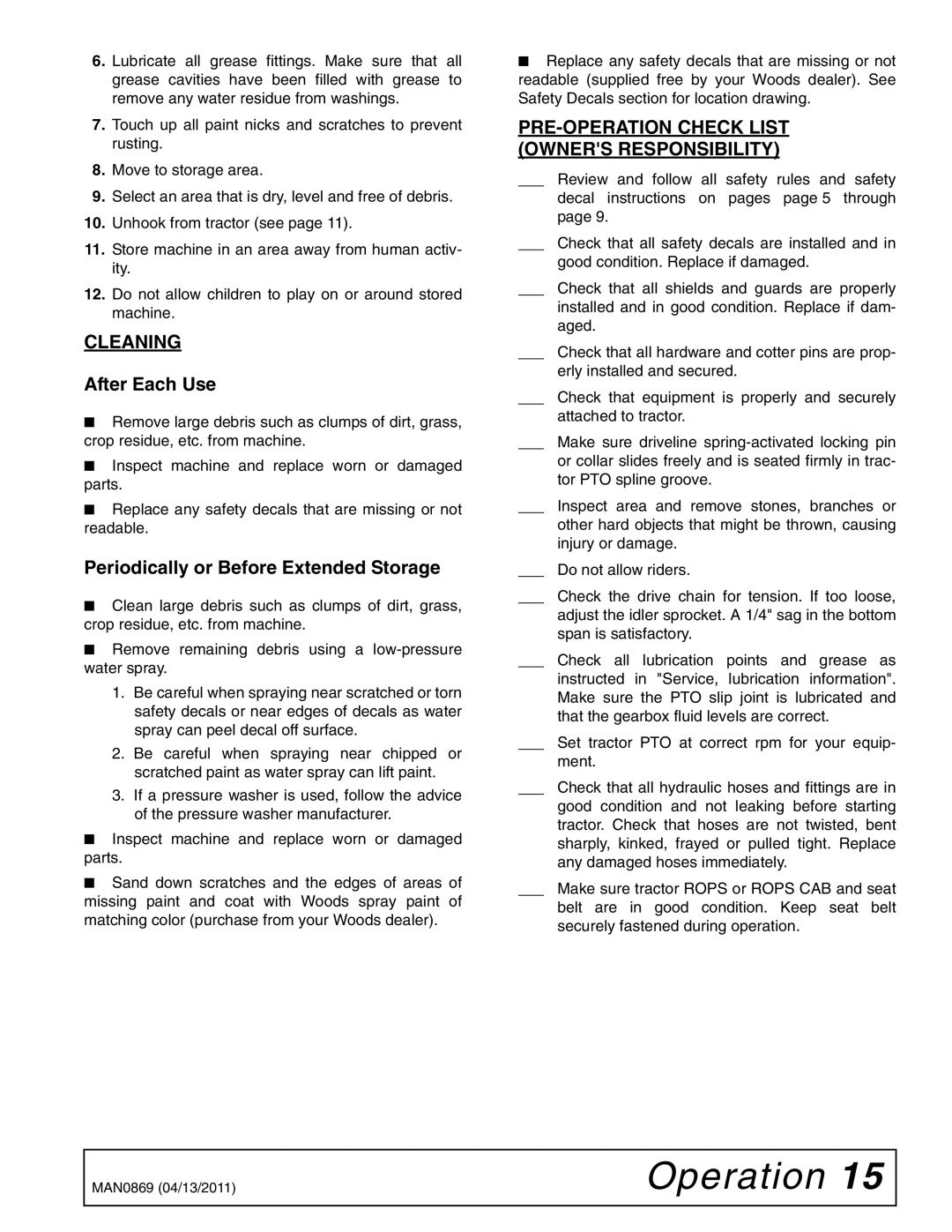 Woods Equipment SB64S, SB84S, SB54S, SB74S manual Cleaning, PRE-OPERATION Check List Owners Responsibility 