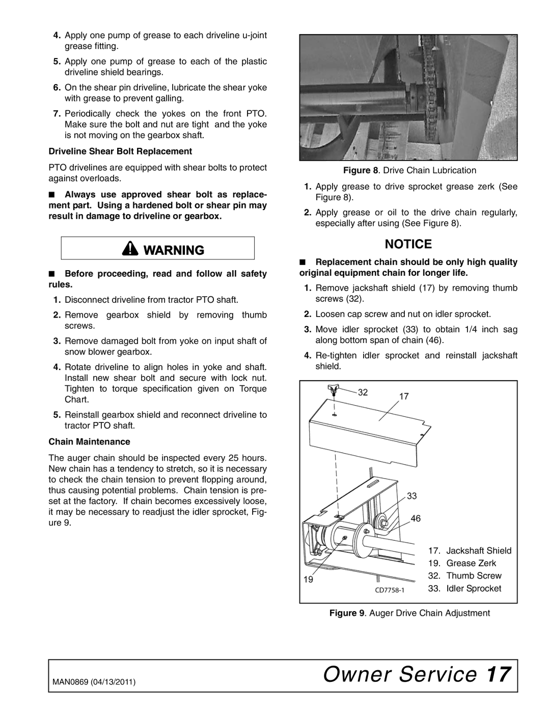 Woods Equipment SB54S, SB84S, SB74S, SB64S manual Driveline Shear Bolt Replacement, Chain Maintenance 