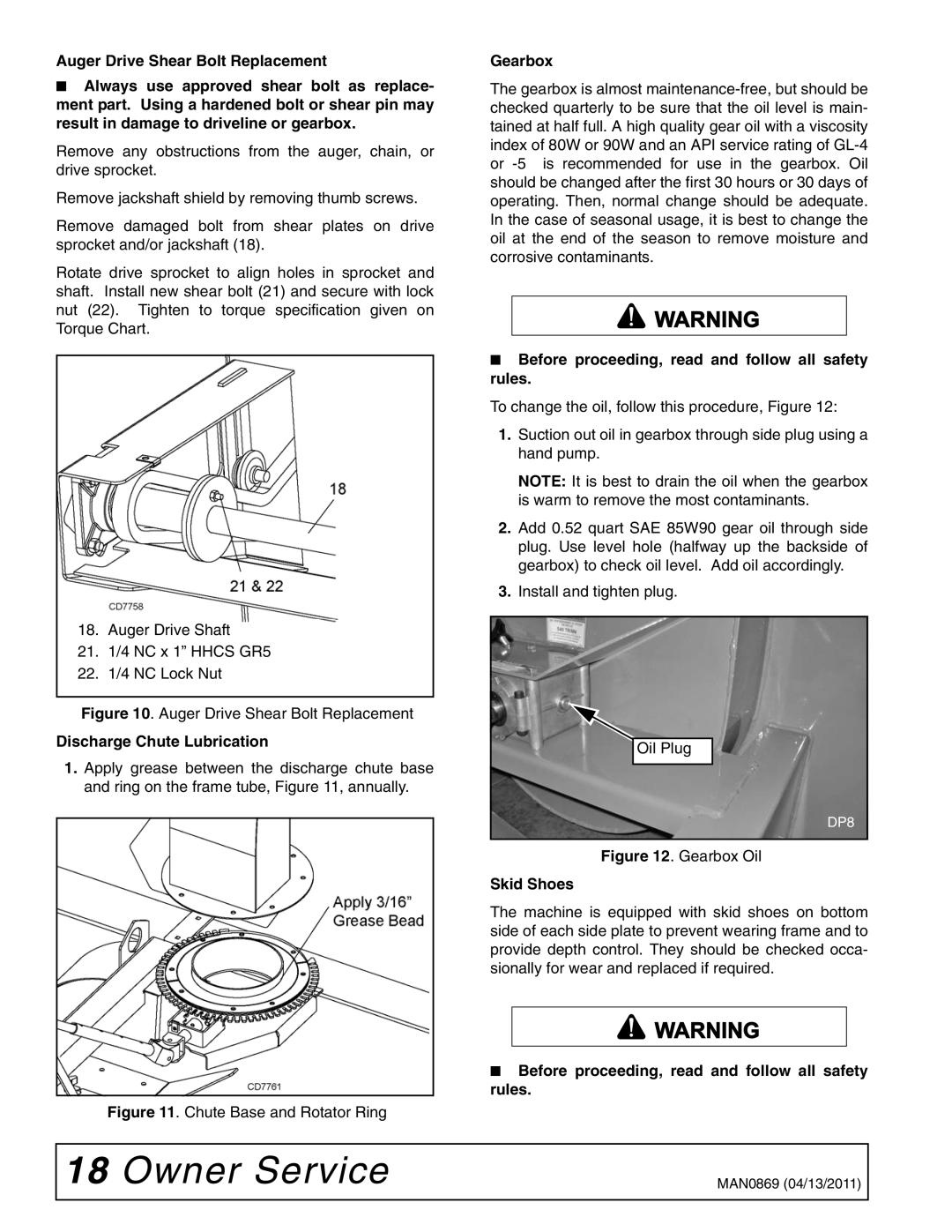 Woods Equipment SB74S, SB84S, SB54S, SB64S manual Discharge Chute Lubrication, Gearbox, Skid Shoes 