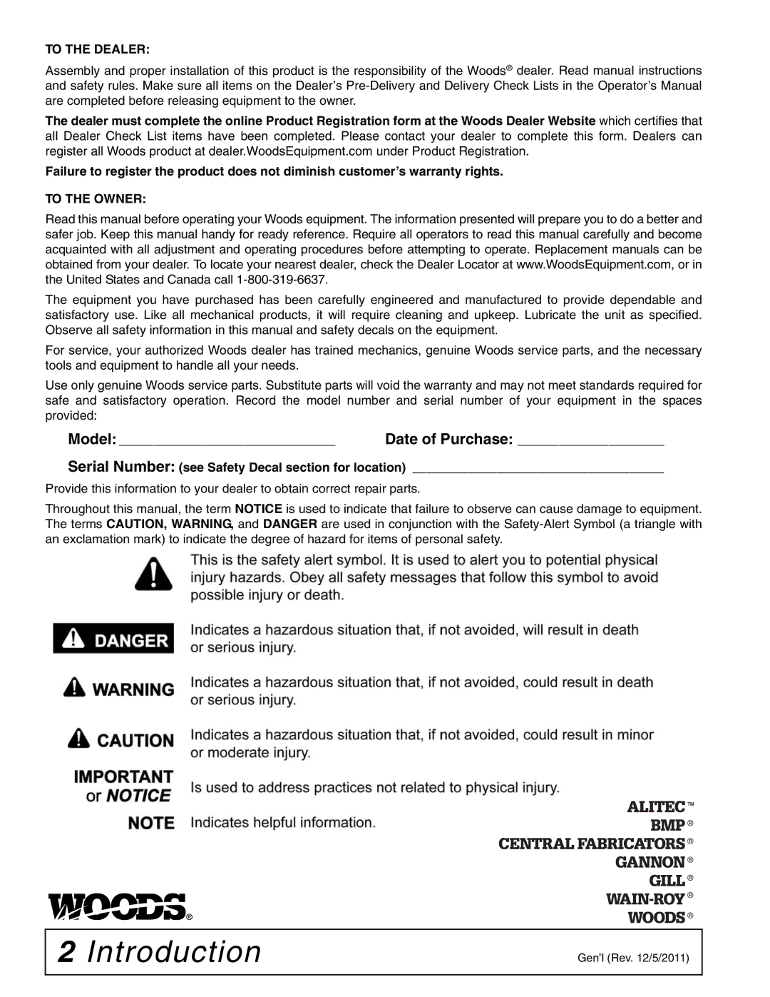 Woods Equipment SB74S, SB84S, SB54S, SB64S manual Introduction, To the Dealer 