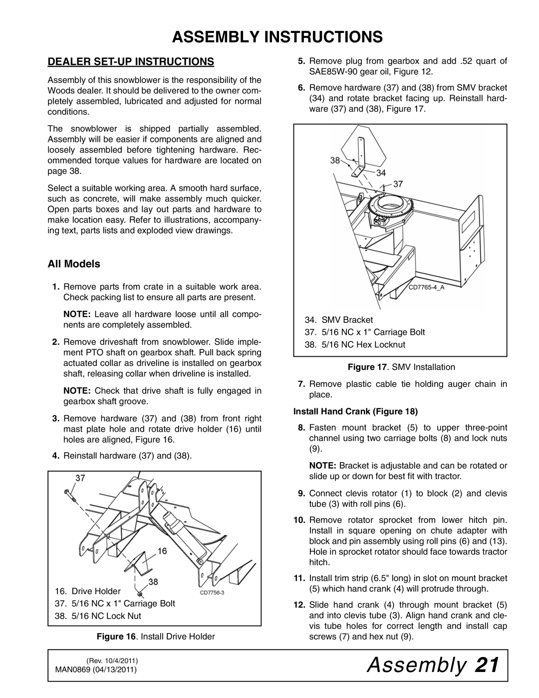 Woods Equipment SB54S, SB84S, SB74S, SB64S Assembly Instructions, Dealer SET-UP Instructions, Install Hand Crank Figure 