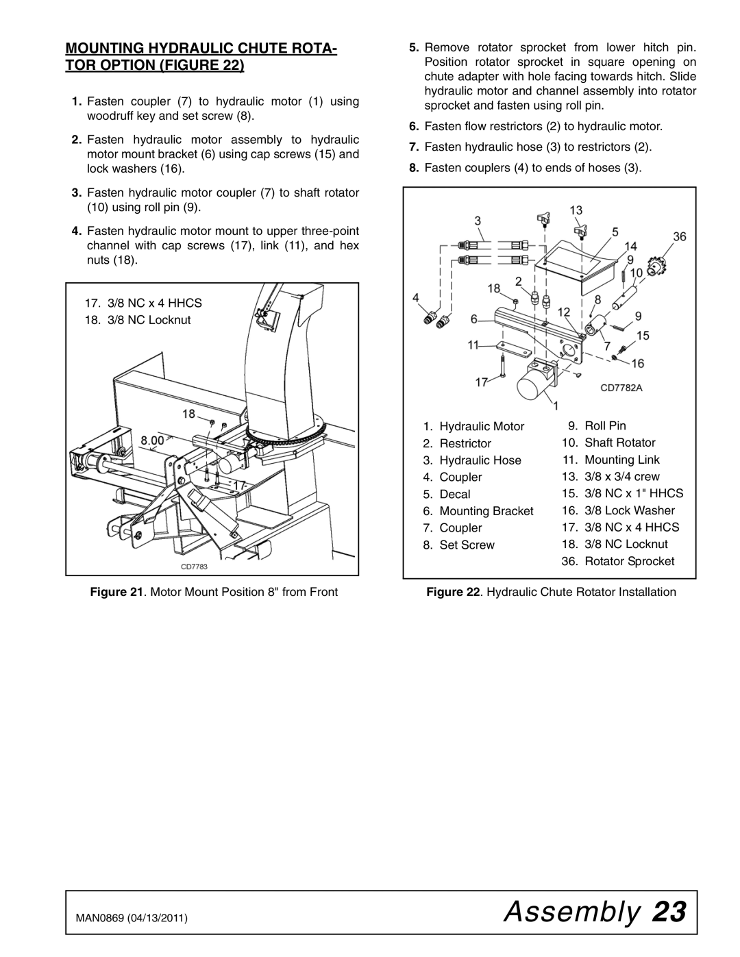 Woods Equipment SB64S, SB84S, SB54S Mounting Hydraulic Chute ROTA- TOR Option Figure, Hydraulic Chute Rotator Installation 