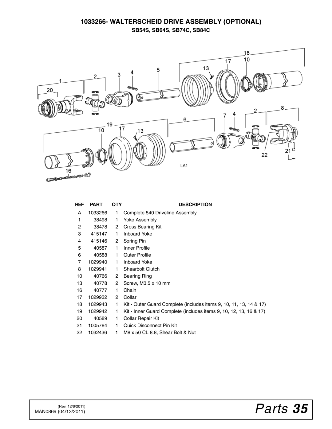 Woods Equipment SB84S, SB74S manual Walterscheid Drive Assembly Optional, SB54S, SB64S, SB74C, SB84C 