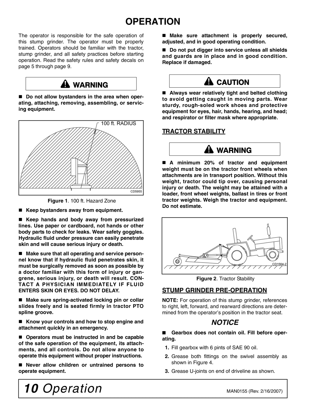 Woods Equipment SG100 manual Operation, Tractor Stability, Stump Grinder PRE-OPERATION 