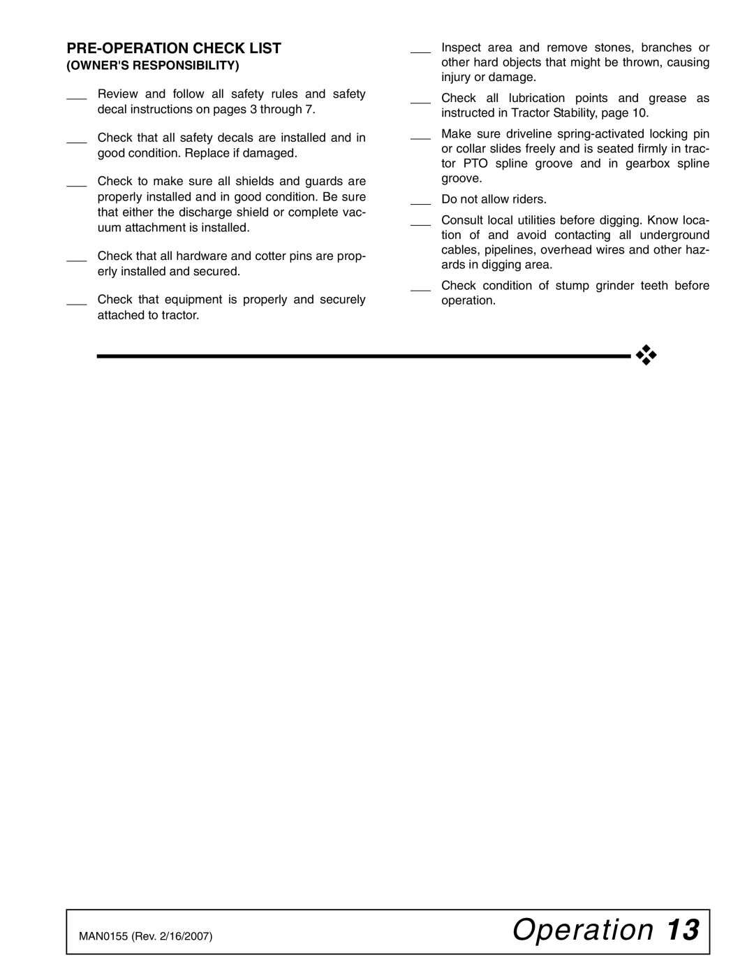 Woods Equipment SG100 manual PRE-OPERATION Check List, Owners Responsibility 