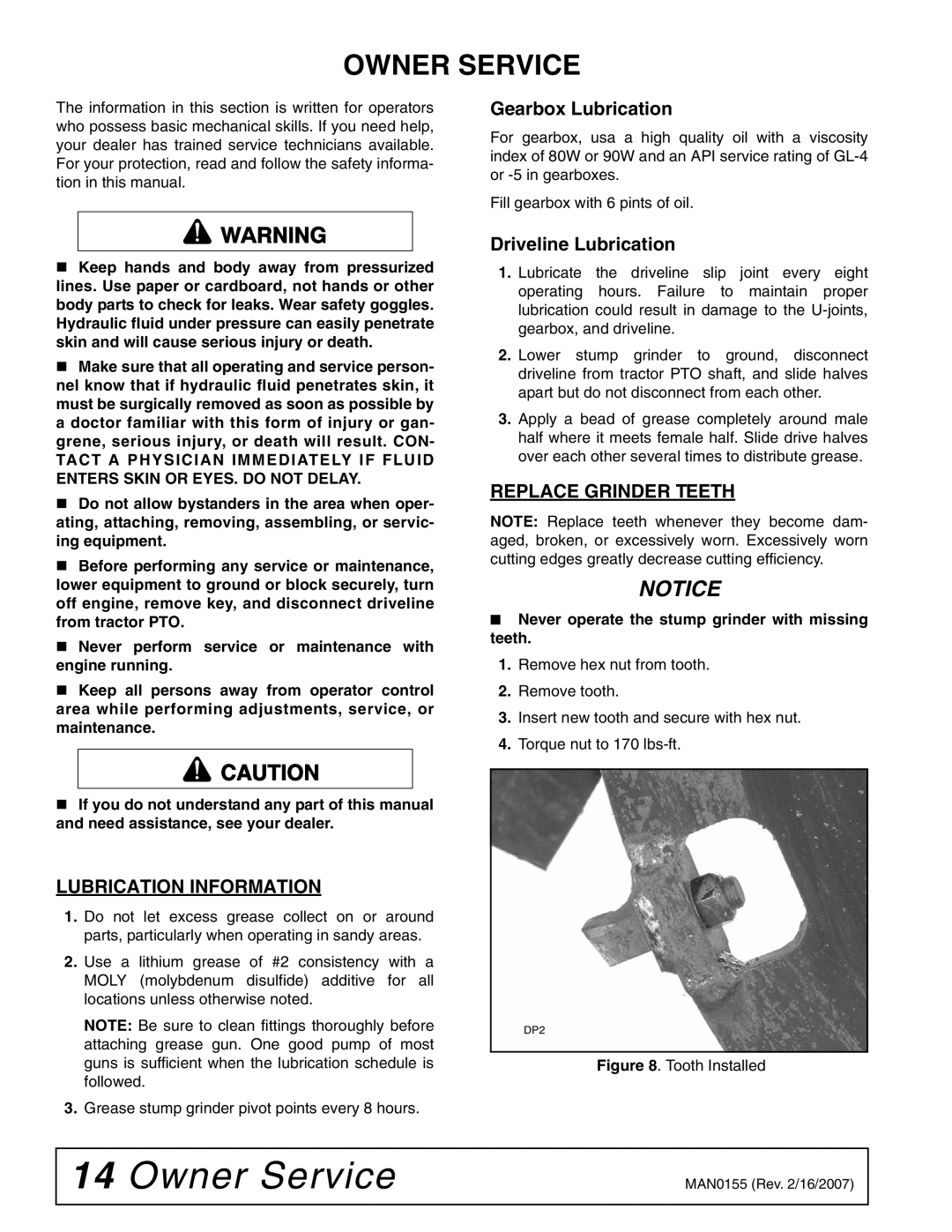 Woods Equipment SG100 manual Owner Service, Lubrication Information, Gearbox Lubrication, Driveline Lubrication 