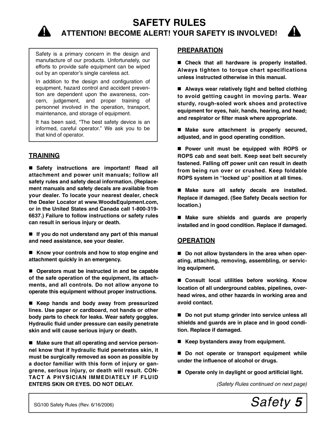 Woods Equipment SG100 manual Safety Rules, Training, Preparation, Operation 