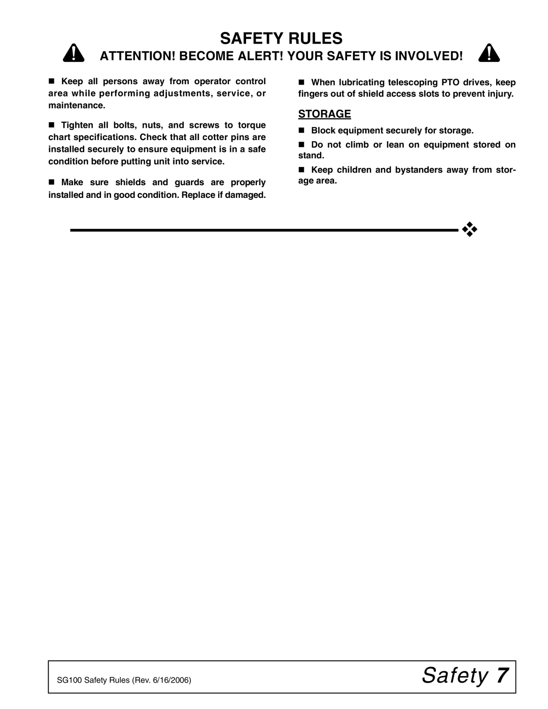 Woods Equipment SG100 manual Storage 