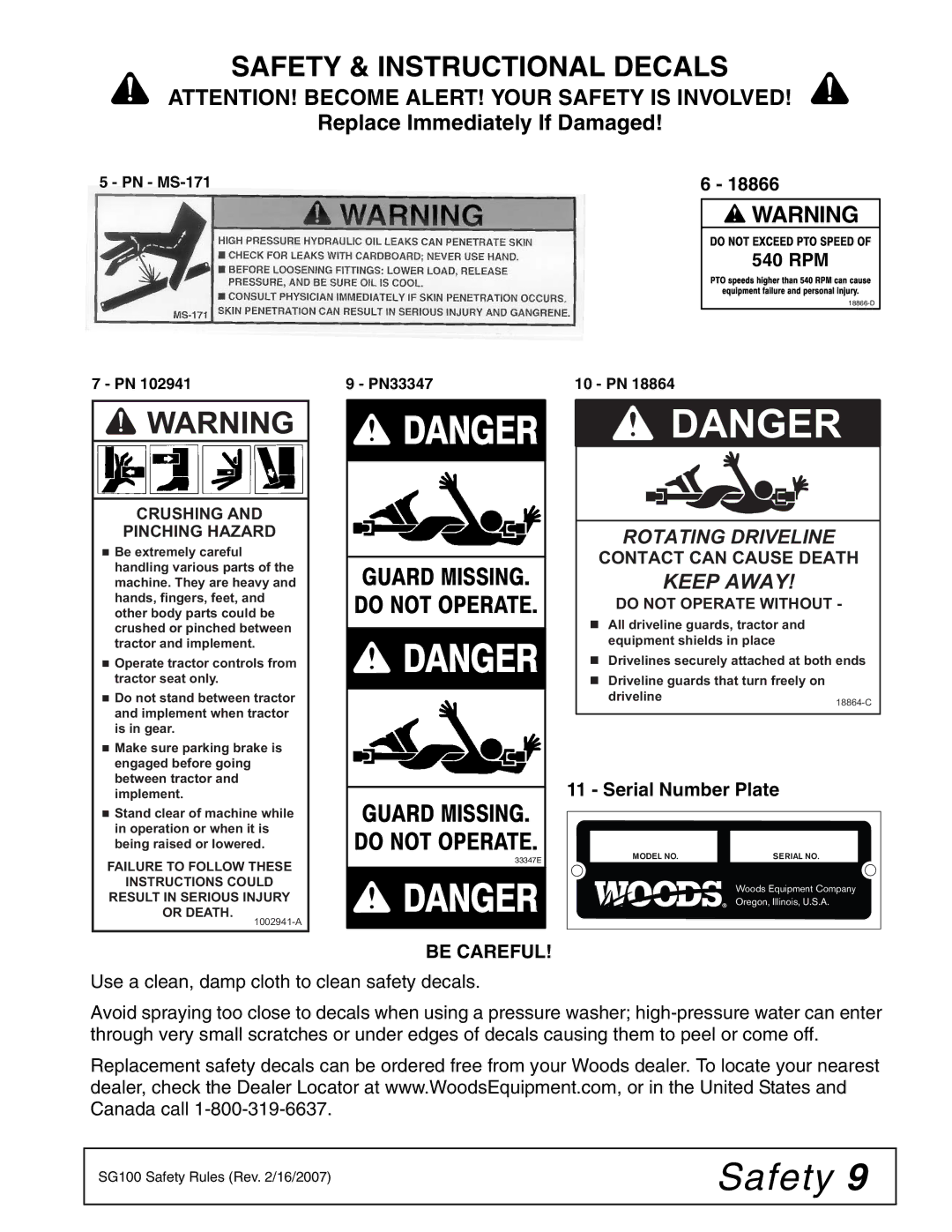 Woods Equipment SG100 manual Serial Number Plate, Be Careful 