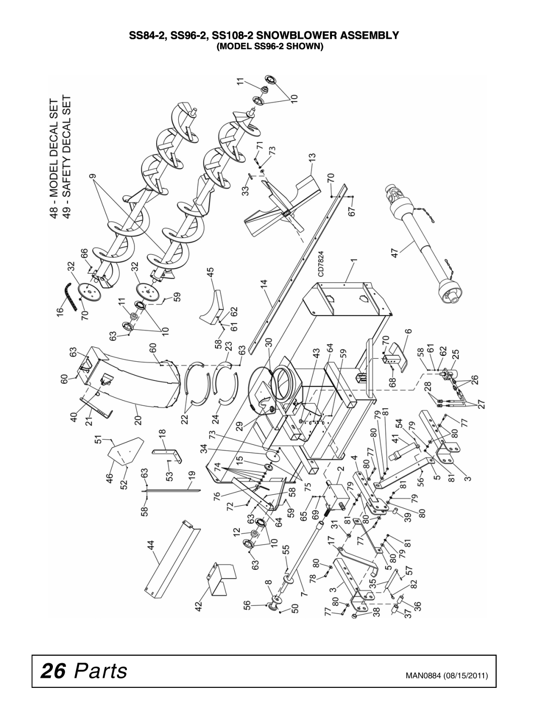 Woods Equipment manual Parts, SS84-2, SS96-2, SS108-2 SNOWBLOWER ASSEMBLY 