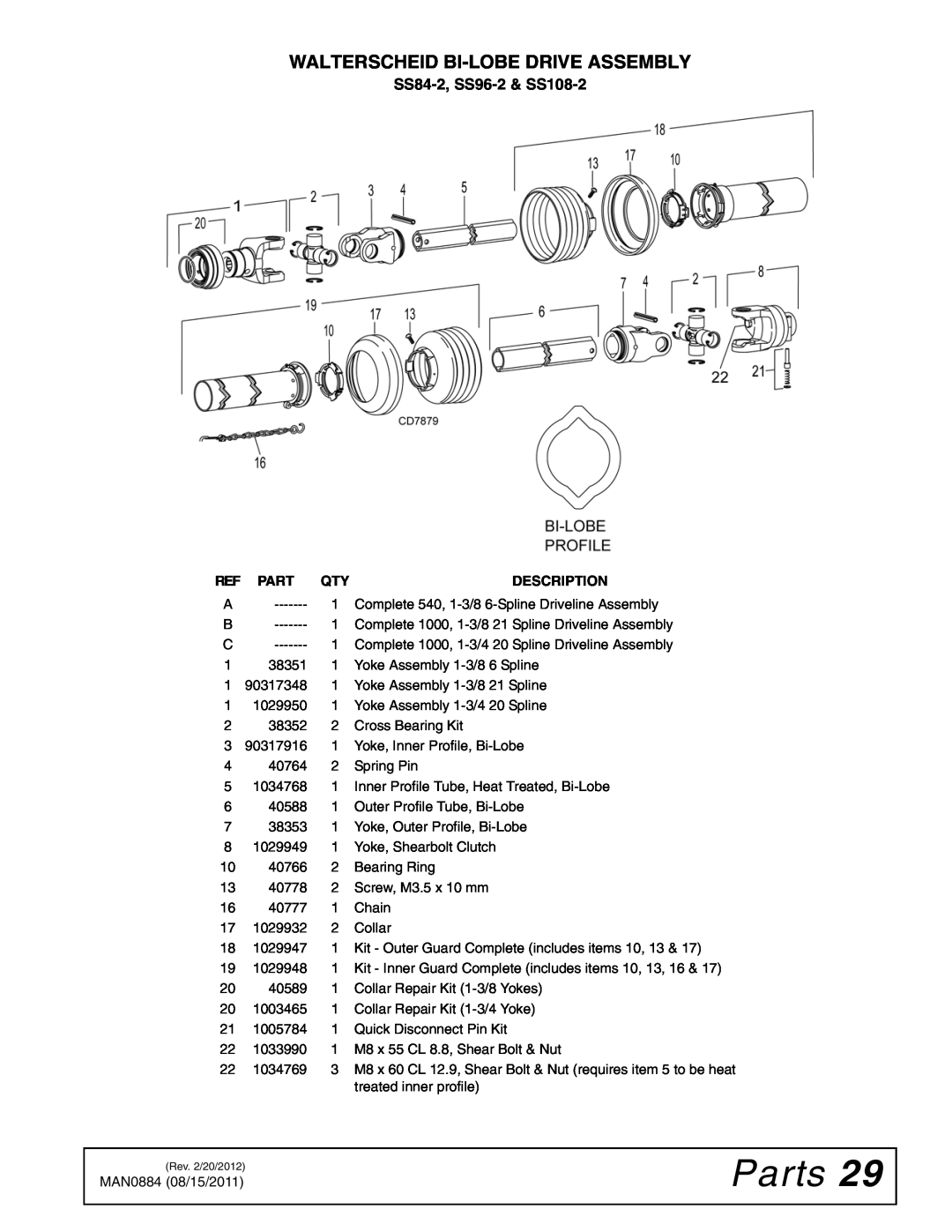Woods Equipment manual Walterscheid Bi-Lobe Drive Assembly, Parts, SS84-2, SS96-2 & SS108-2 