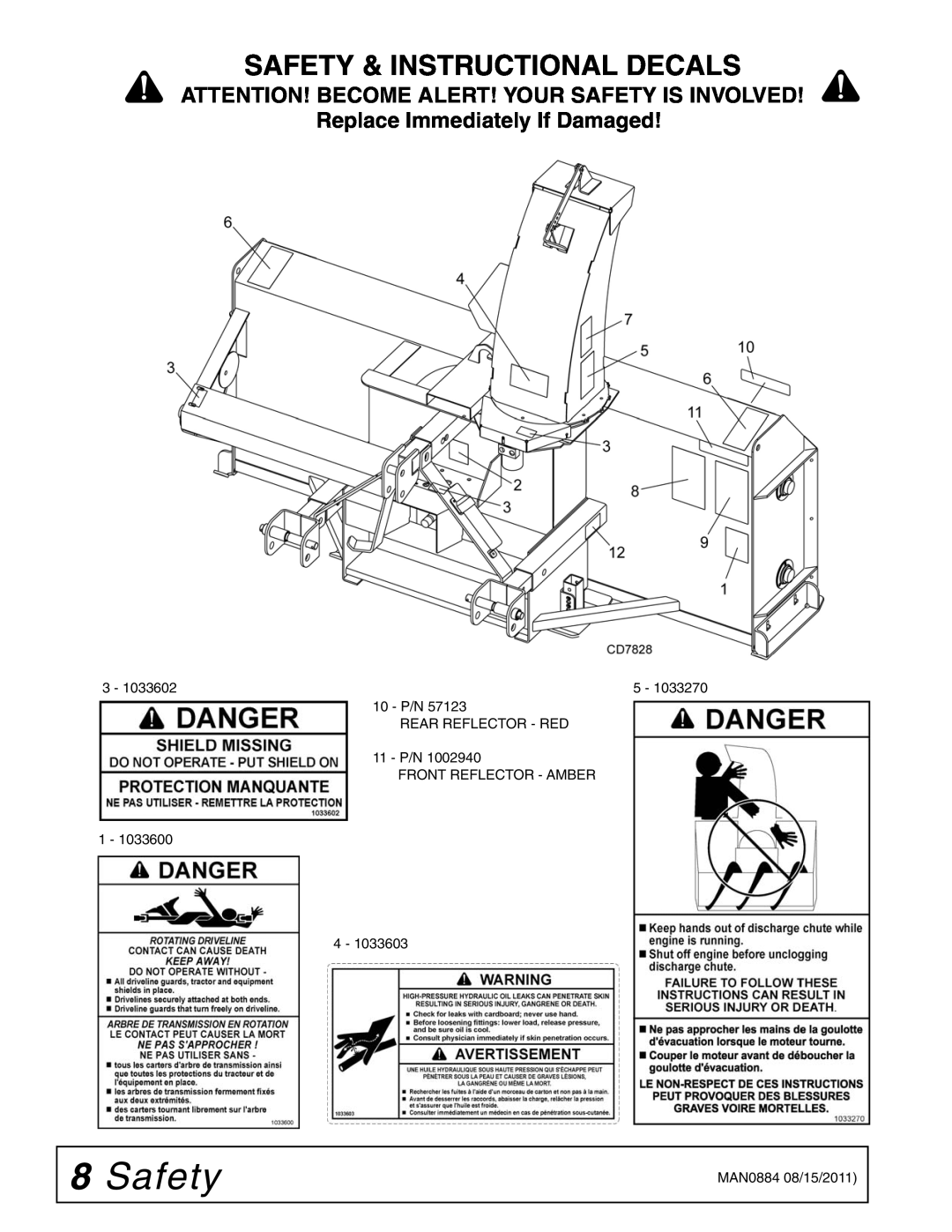 Woods Equipment SS108-2, SS84-2 manual Safety & Instructional Decals, Replace Immediately If Damaged, MAN0884 08/15/2011 